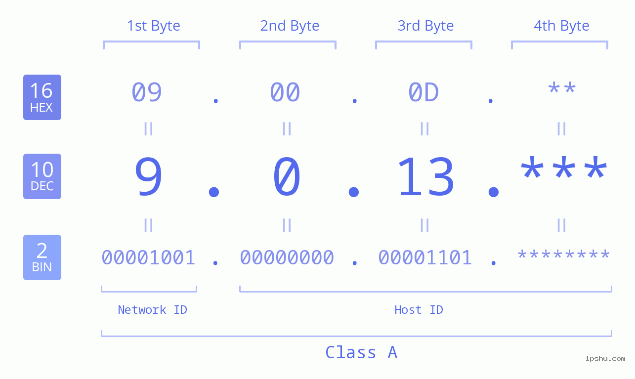 IP Address: 9.0.13 Data Structure Chart BIN DEC HEX IPv4: 9.0.13 Network Class, Net ID, Host ID