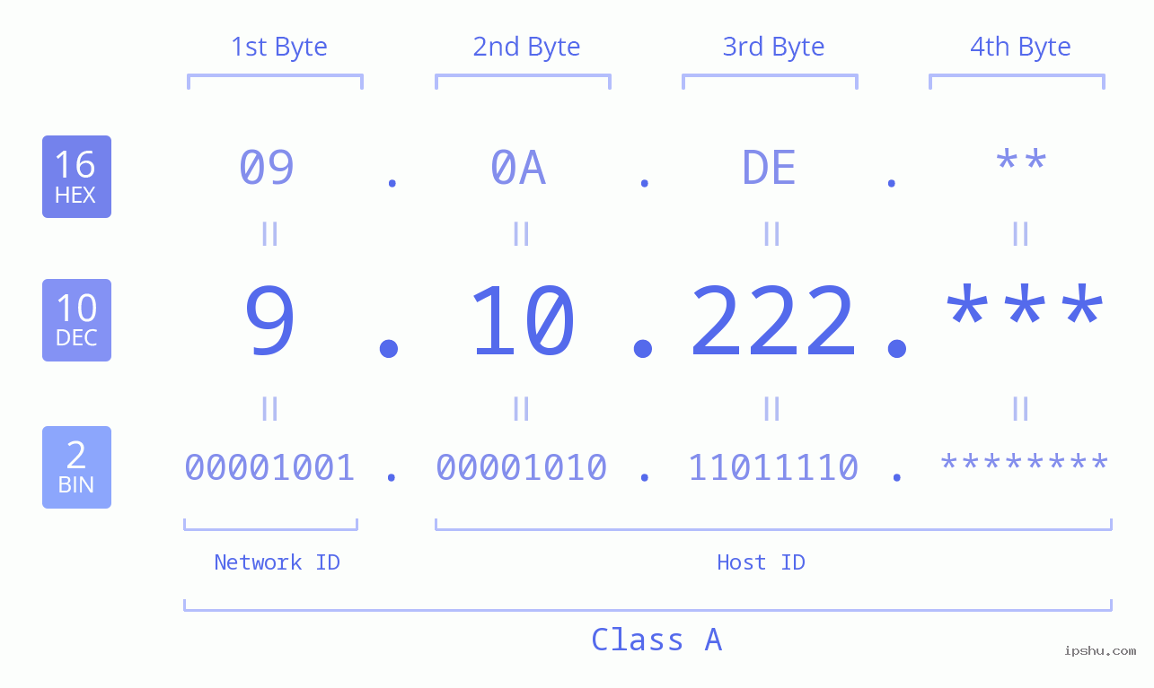 IP Address: 9.10.222 Data Structure Chart BIN DEC HEX IPv4: 9.10.222 Network Class, Net ID, Host ID