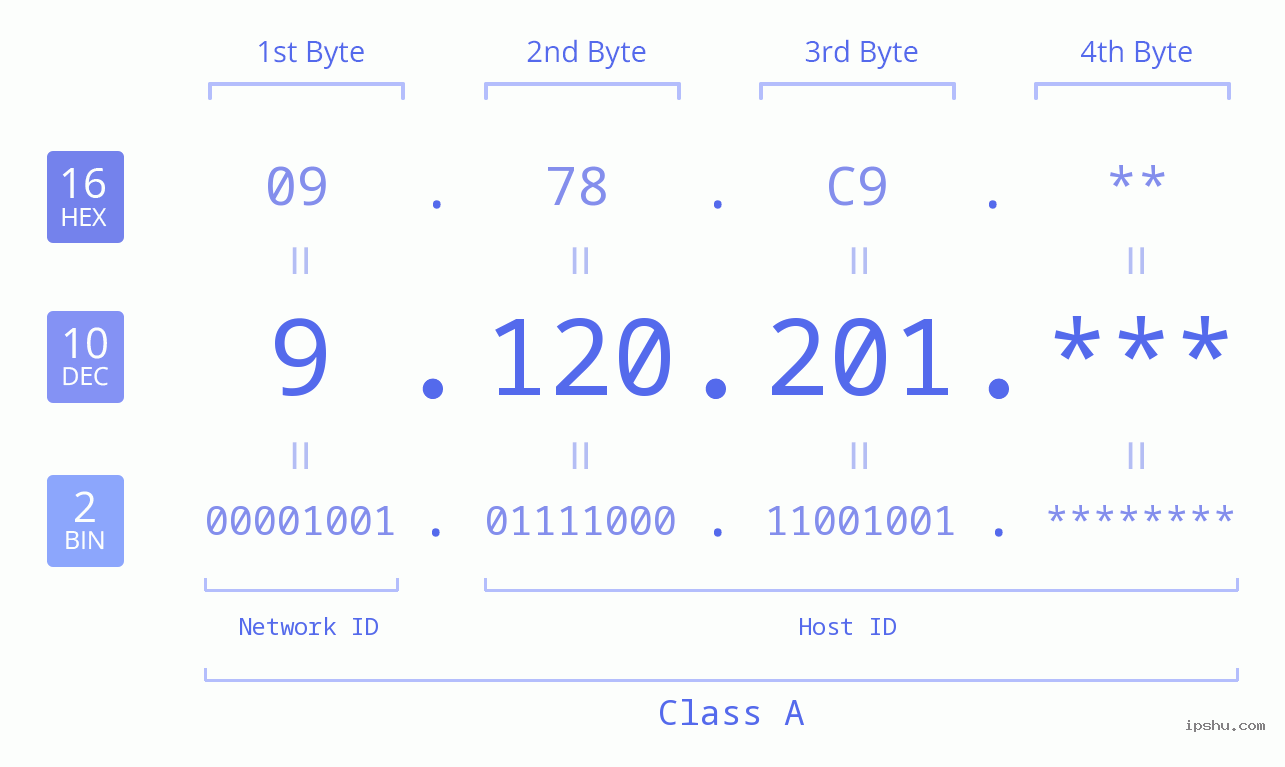 IP Address: 9.120.201 Data Structure Chart BIN DEC HEX IPv4: 9.120.201 Network Class, Net ID, Host ID