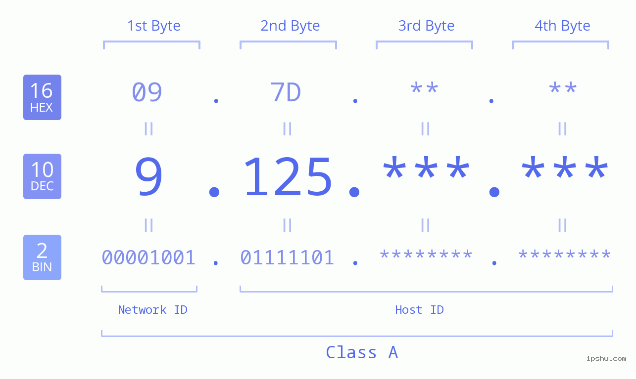 IP Address: 9.125 Data Structure Chart BIN DEC HEX IPv4: 9.125 Network Class, Net ID, Host ID