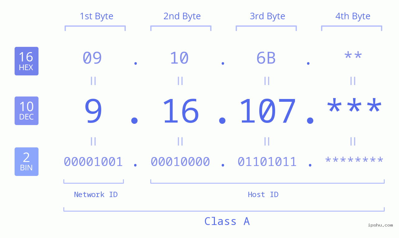 IP Address: 9.16.107 Data Structure Chart BIN DEC HEX IPv4: 9.16.107 Network Class, Net ID, Host ID