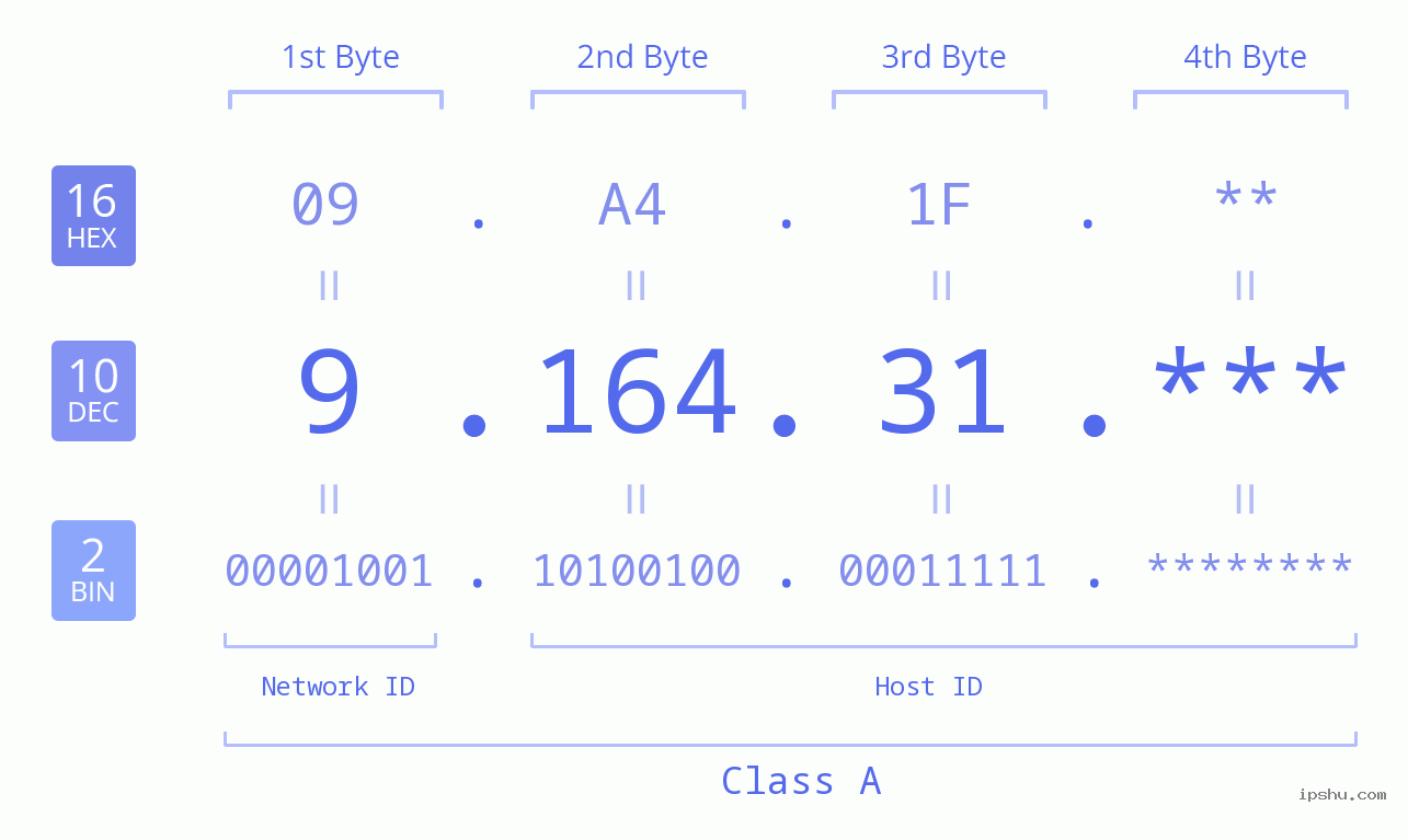 IP Address: 9.164.31 Data Structure Chart BIN DEC HEX IPv4: 9.164.31 Network Class, Net ID, Host ID