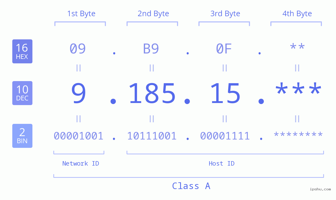 IP Address: 9.185.15 Data Structure Chart BIN DEC HEX IPv4: 9.185.15 Network Class, Net ID, Host ID