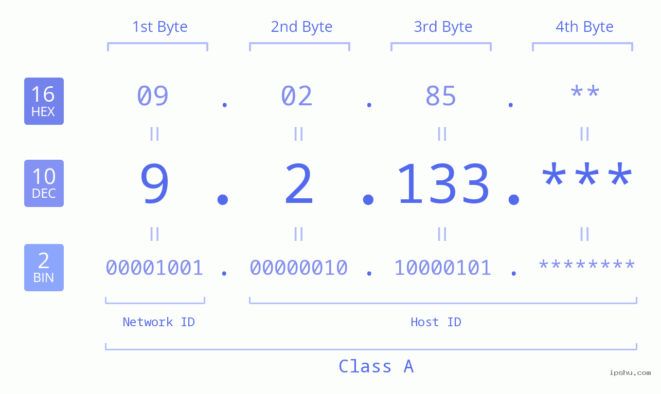 IP Address: 9.2.133 Data Structure Chart BIN DEC HEX IPv4: 9.2.133 Network Class, Net ID, Host ID