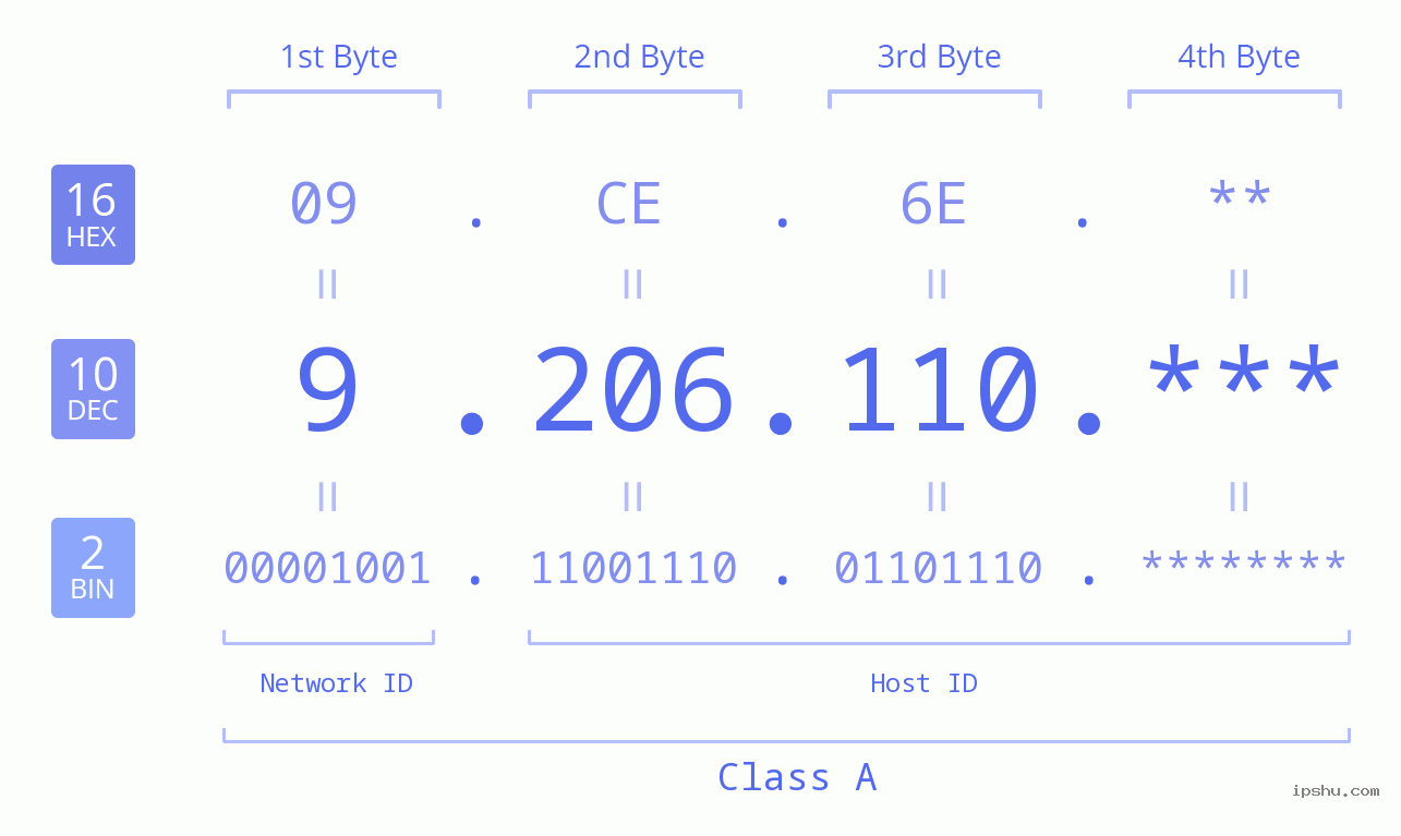 IP Address: 9.206.110 Data Structure Chart BIN DEC HEX IPv4: 9.206.110 Network Class, Net ID, Host ID