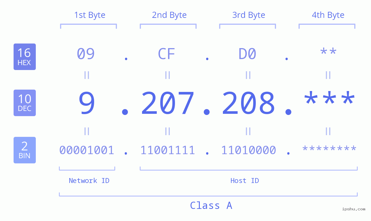 IP Address: 9.207.208 Data Structure Chart BIN DEC HEX IPv4: 9.207.208 Network Class, Net ID, Host ID