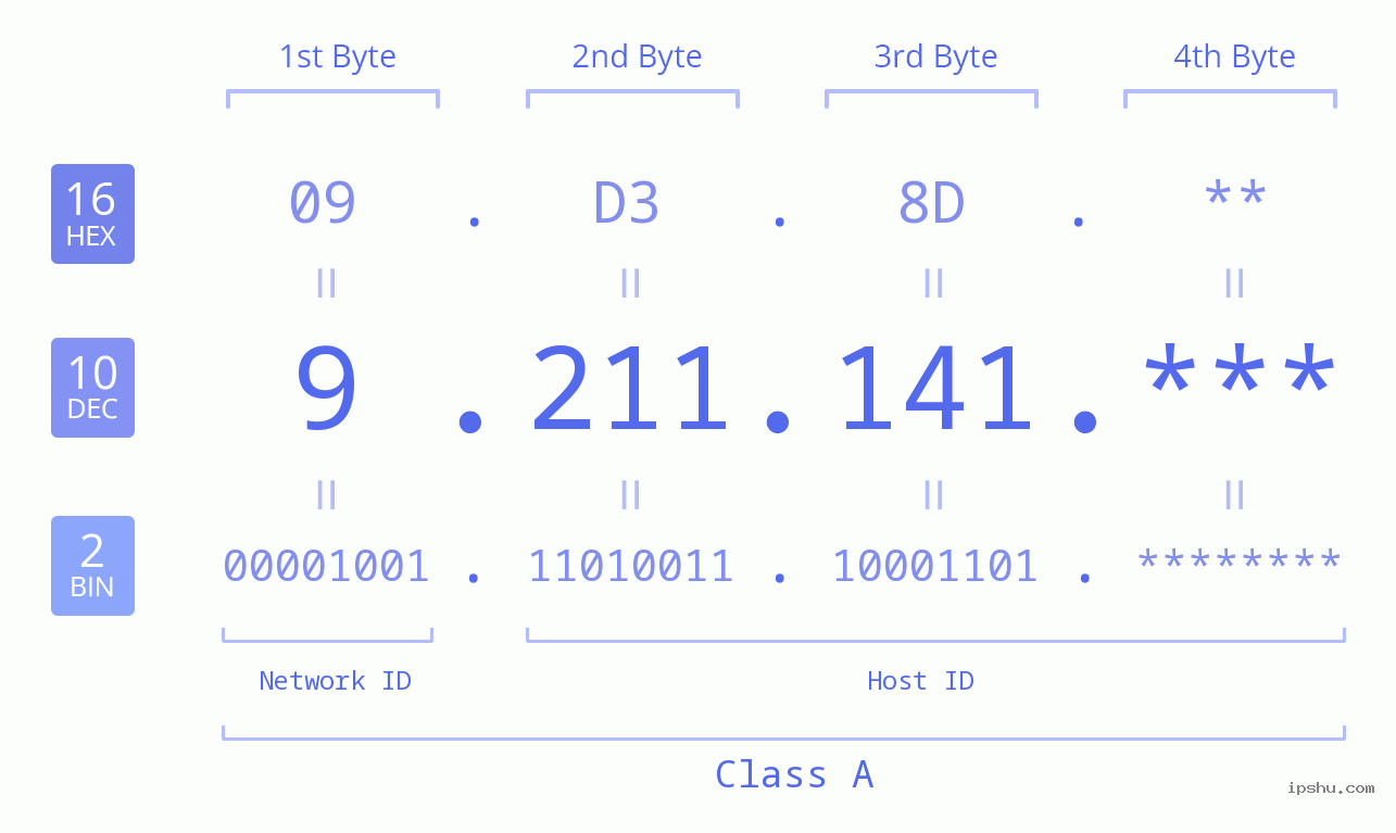 IP Address: 9.211.141 Data Structure Chart BIN DEC HEX IPv4: 9.211.141 Network Class, Net ID, Host ID