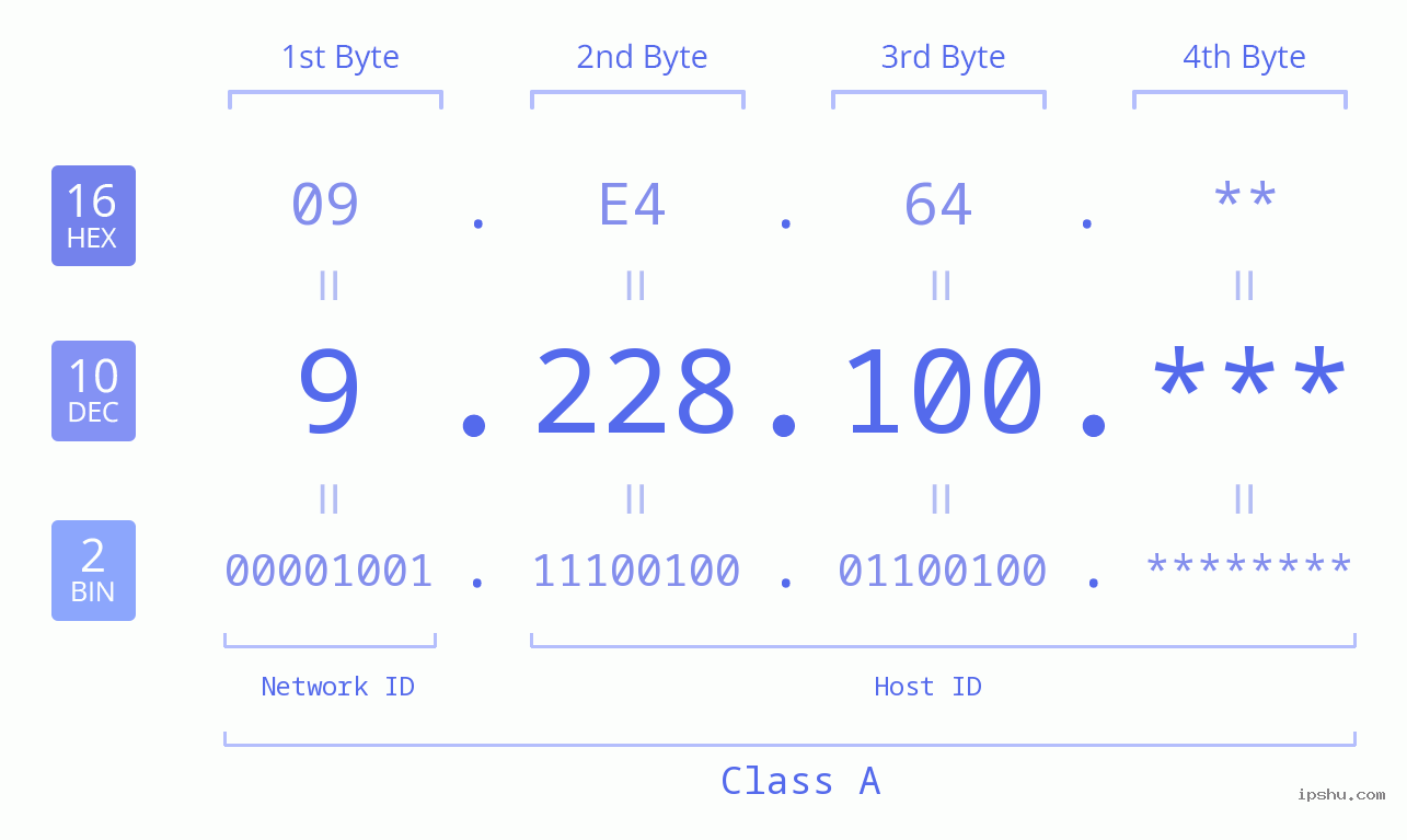 IP Address: 9.228.100 Data Structure Chart BIN DEC HEX IPv4: 9.228.100 Network Class, Net ID, Host ID