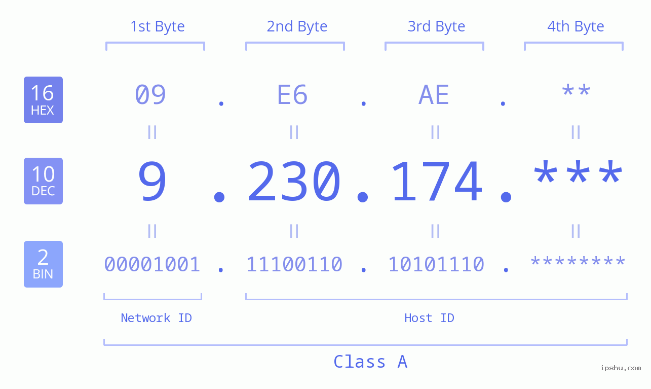 IP Address: 9.230.174 Data Structure Chart BIN DEC HEX IPv4: 9.230.174 Network Class, Net ID, Host ID