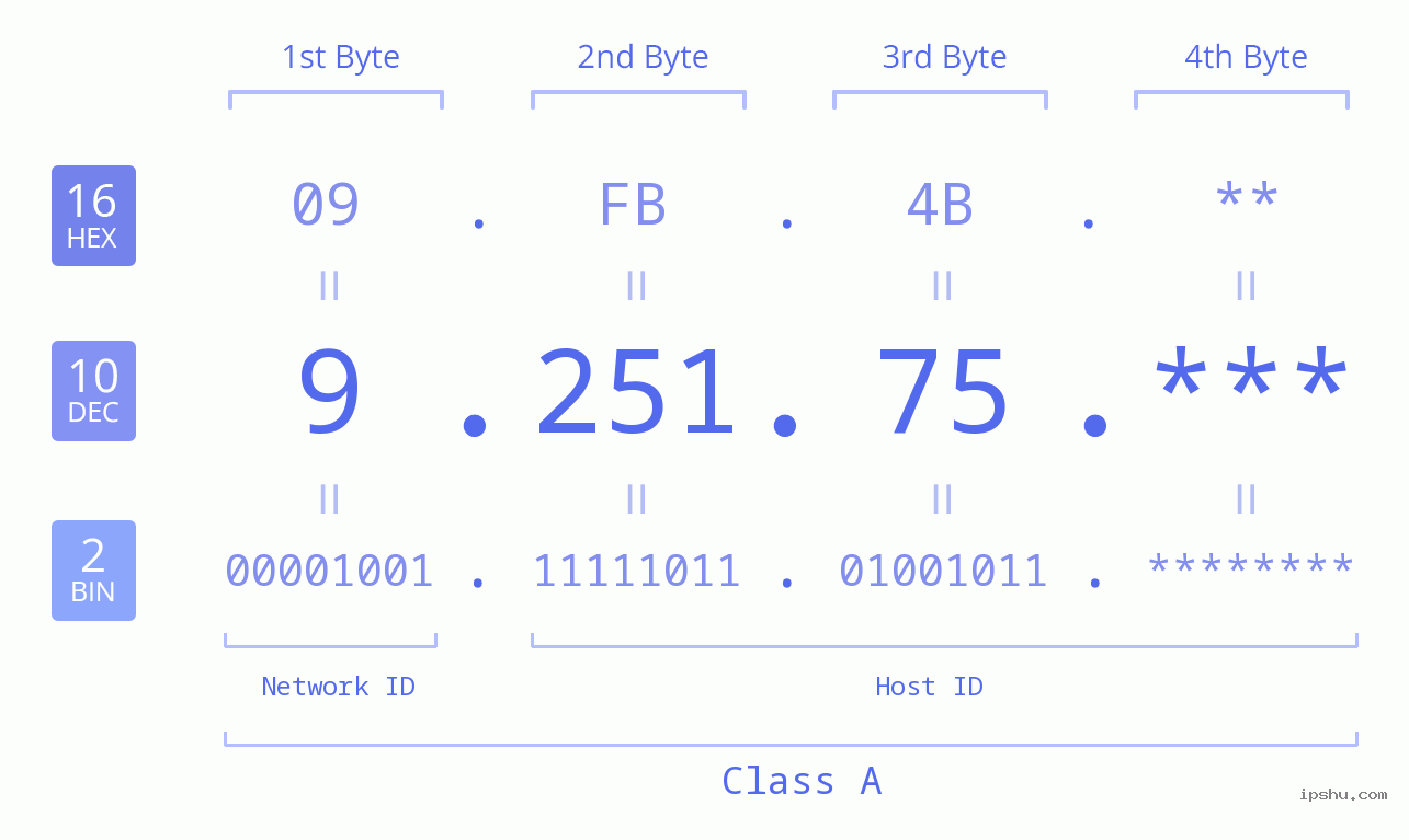 IP Address: 9.251.75 Data Structure Chart BIN DEC HEX IPv4: 9.251.75 Network Class, Net ID, Host ID