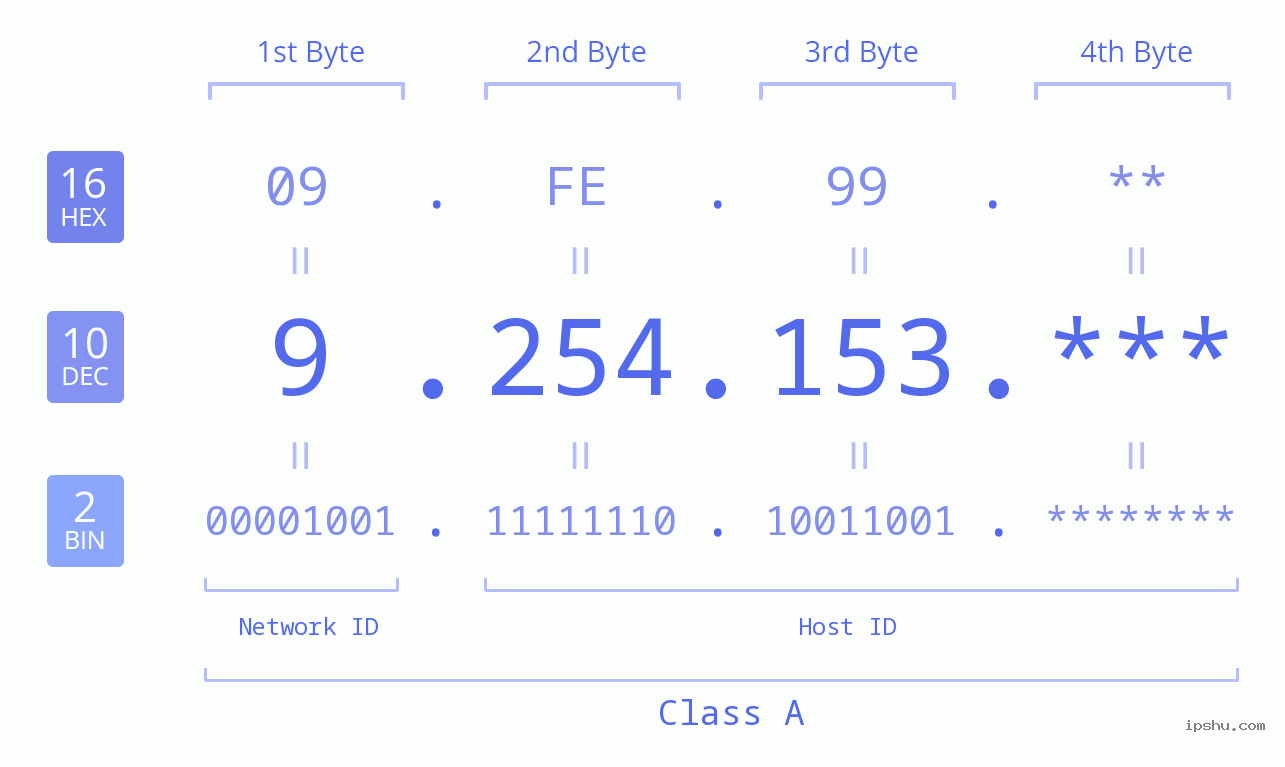 IP Address: 9.254.153 Data Structure Chart BIN DEC HEX IPv4: 9.254.153 Network Class, Net ID, Host ID