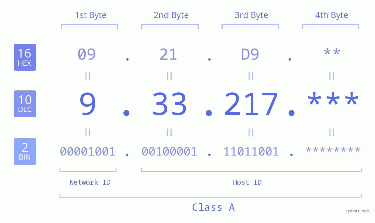 IP Address: 9.33.217 Data Structure Chart BIN DEC HEX IPv4: 9.33.217 Network Class, Net ID, Host ID