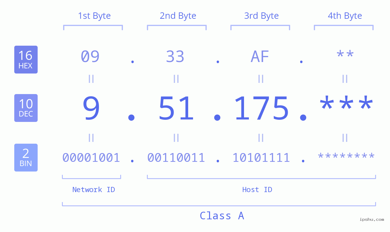IP Address: 9.51.175 Data Structure Chart BIN DEC HEX IPv4: 9.51.175 Network Class, Net ID, Host ID