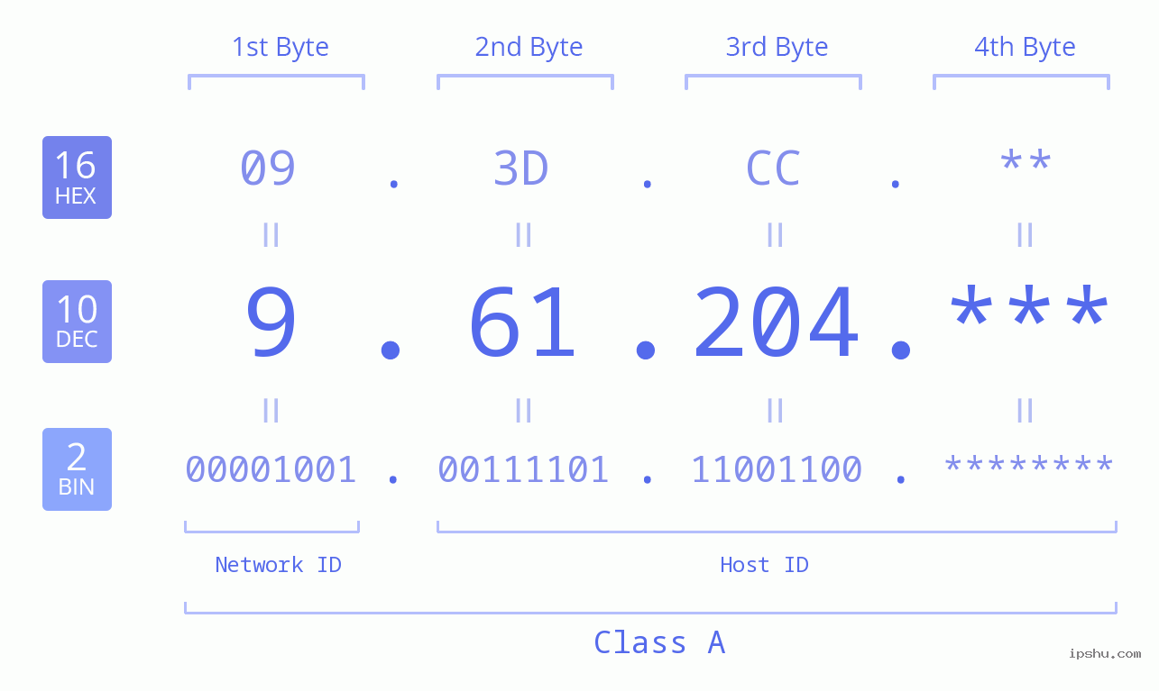 IP Address: 9.61.204 Data Structure Chart BIN DEC HEX IPv4: 9.61.204 Network Class, Net ID, Host ID