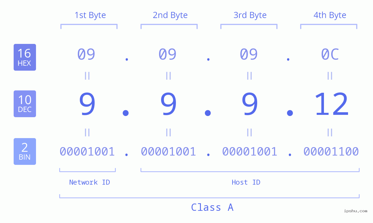 IP Address: 9.9.9.12 Data Structure Chart BIN DEC HEX IPv4: 9.9.9.12 Network Class, Net ID, Host ID