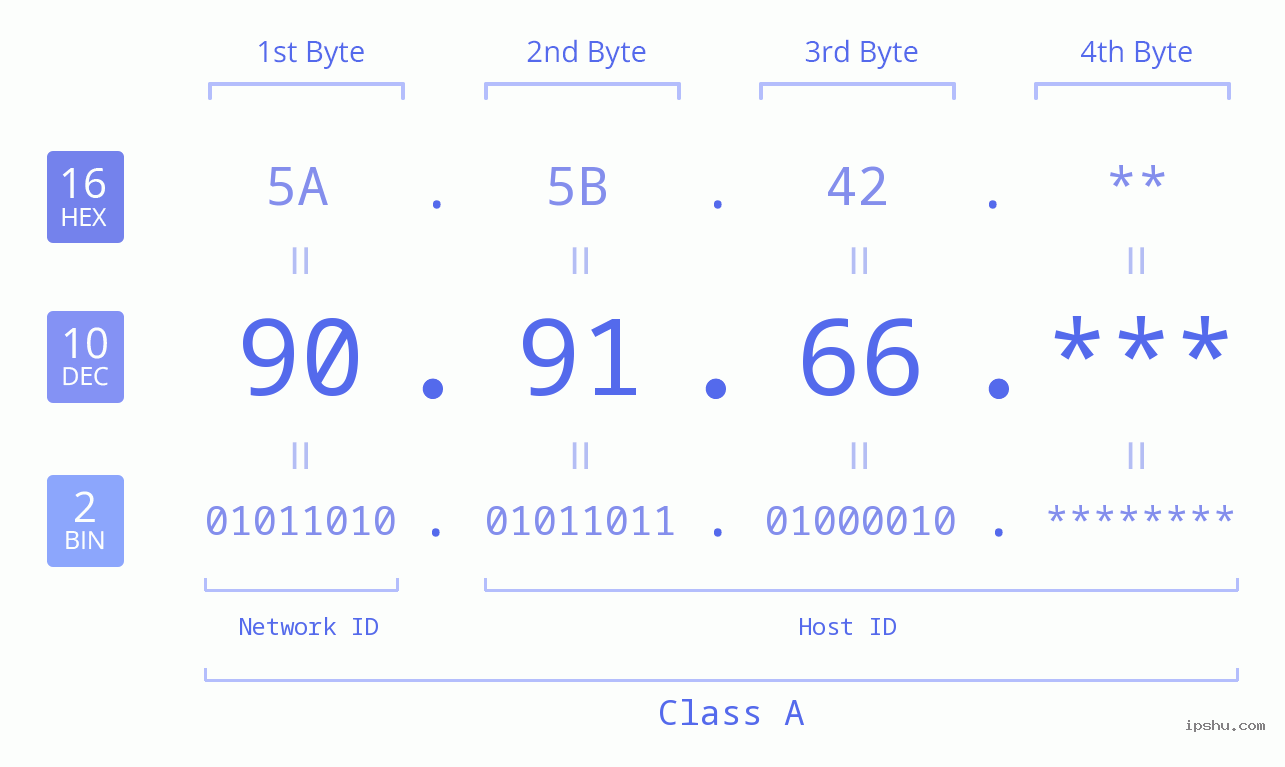 IP Address: 90.91.66 Data Structure Chart BIN DEC HEX IPv4: 90.91.66 Network Class, Net ID, Host ID
