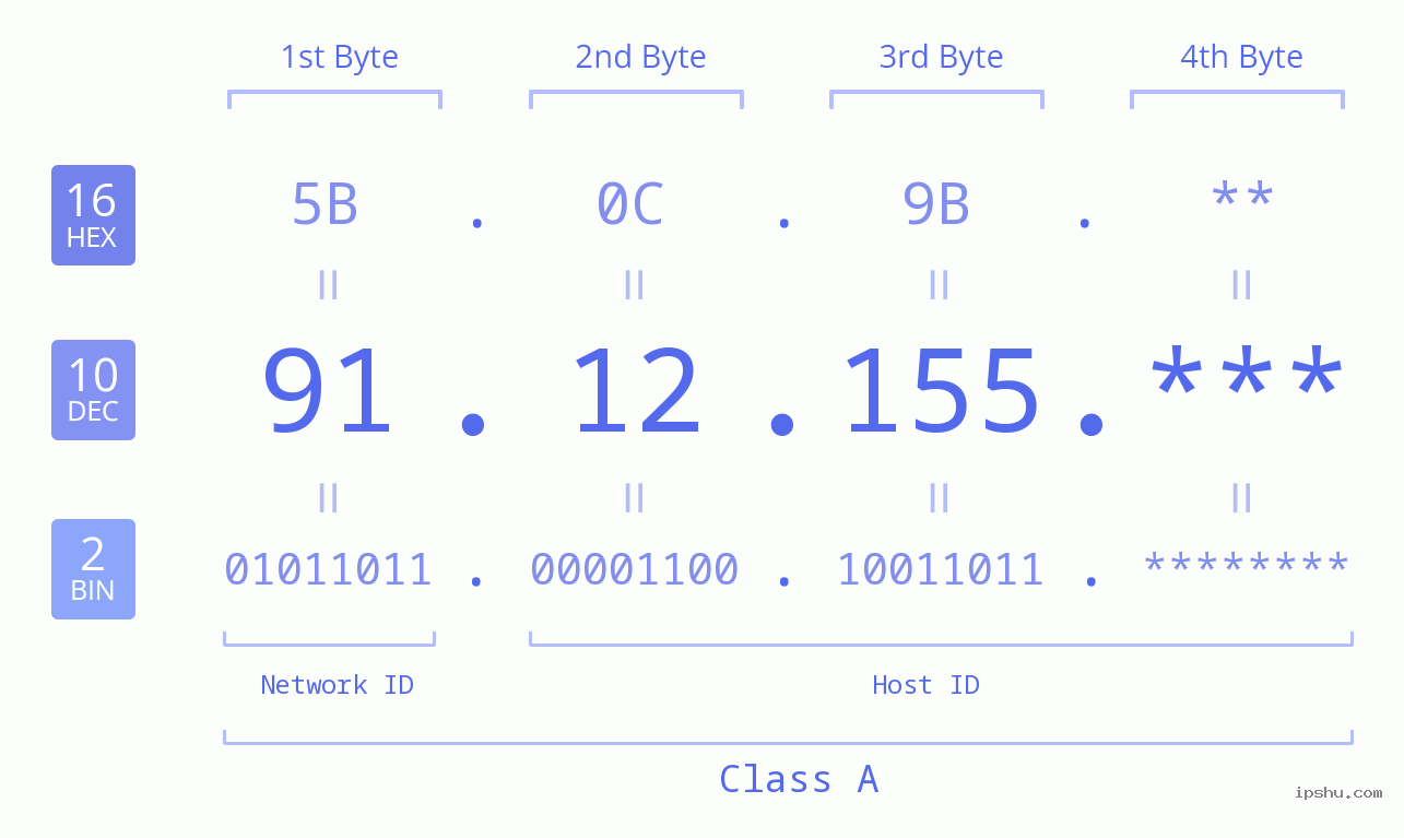 IP Address: 91.12.155 Data Structure Chart BIN DEC HEX IPv4: 91.12.155 Network Class, Net ID, Host ID
