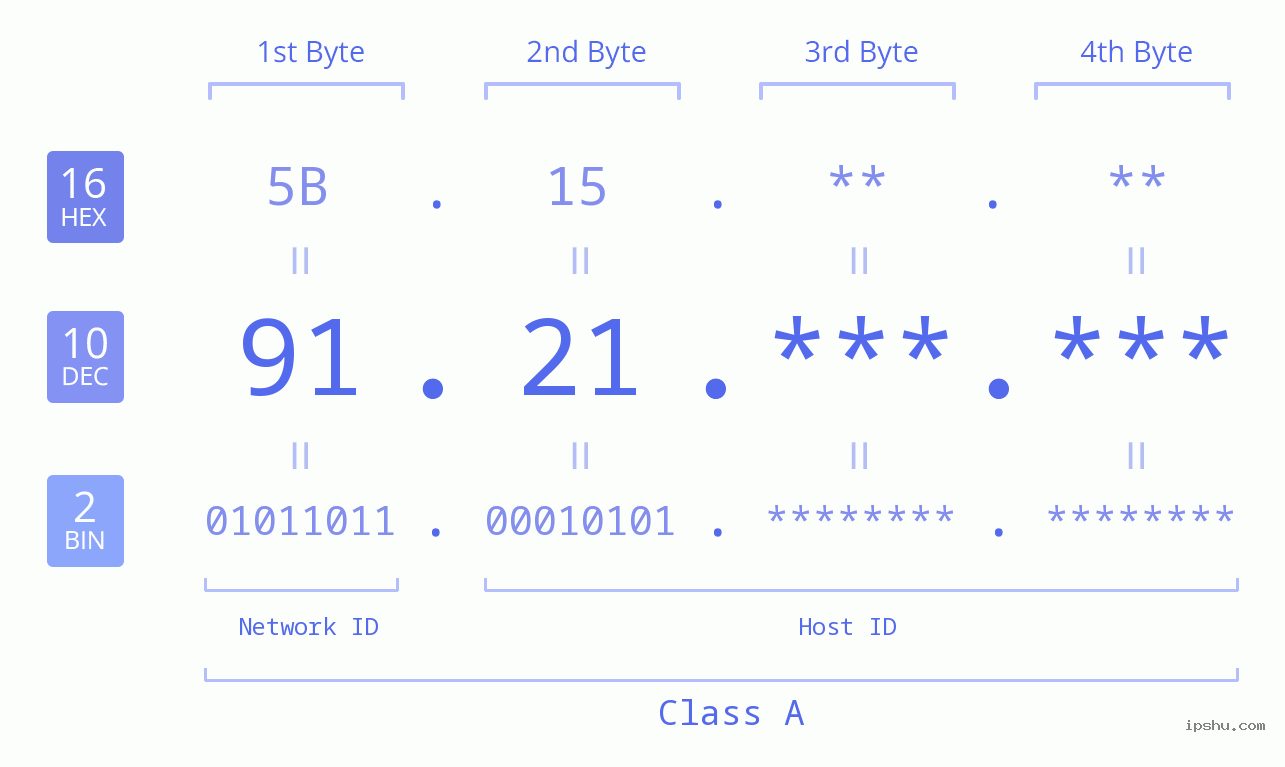 IP Address: 91.21 Data Structure Chart BIN DEC HEX IPv4: 91.21 Network Class, Net ID, Host ID