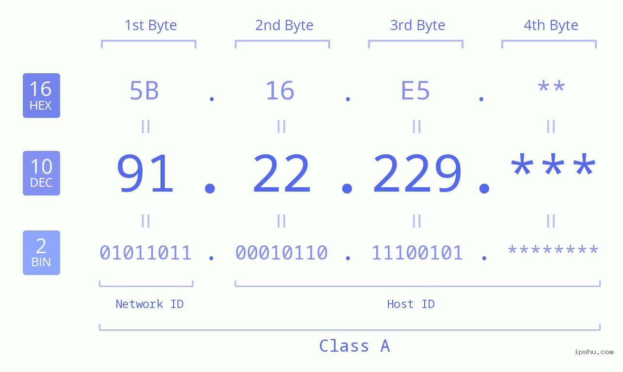 IP Address: 91.22.229 Data Structure Chart BIN DEC HEX IPv4: 91.22.229 Network Class, Net ID, Host ID