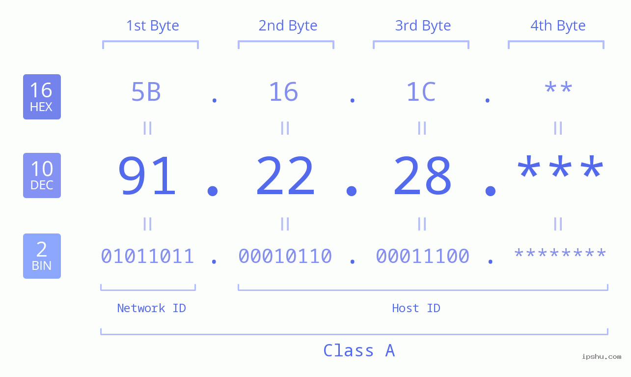 IP Address: 91.22.28 Data Structure Chart BIN DEC HEX IPv4: 91.22.28 Network Class, Net ID, Host ID