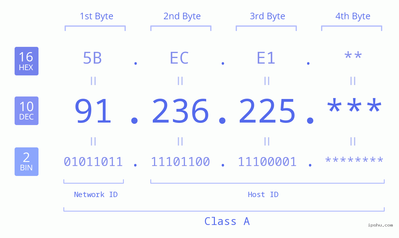 IP Address: 91.236.225 Data Structure Chart BIN DEC HEX IPv4: 91.236.225 Network Class, Net ID, Host ID