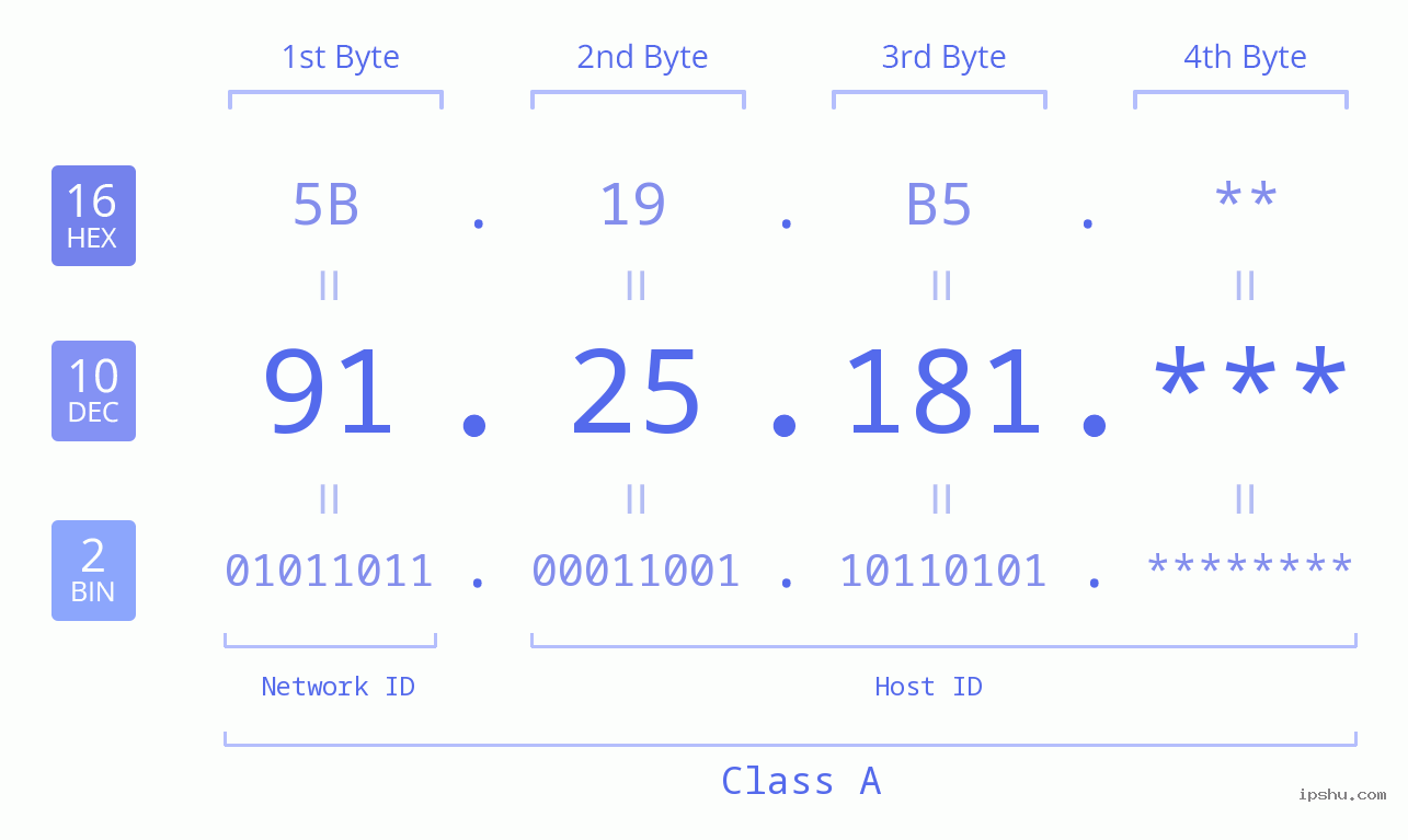 IP Address: 91.25.181 Data Structure Chart BIN DEC HEX IPv4: 91.25.181 Network Class, Net ID, Host ID