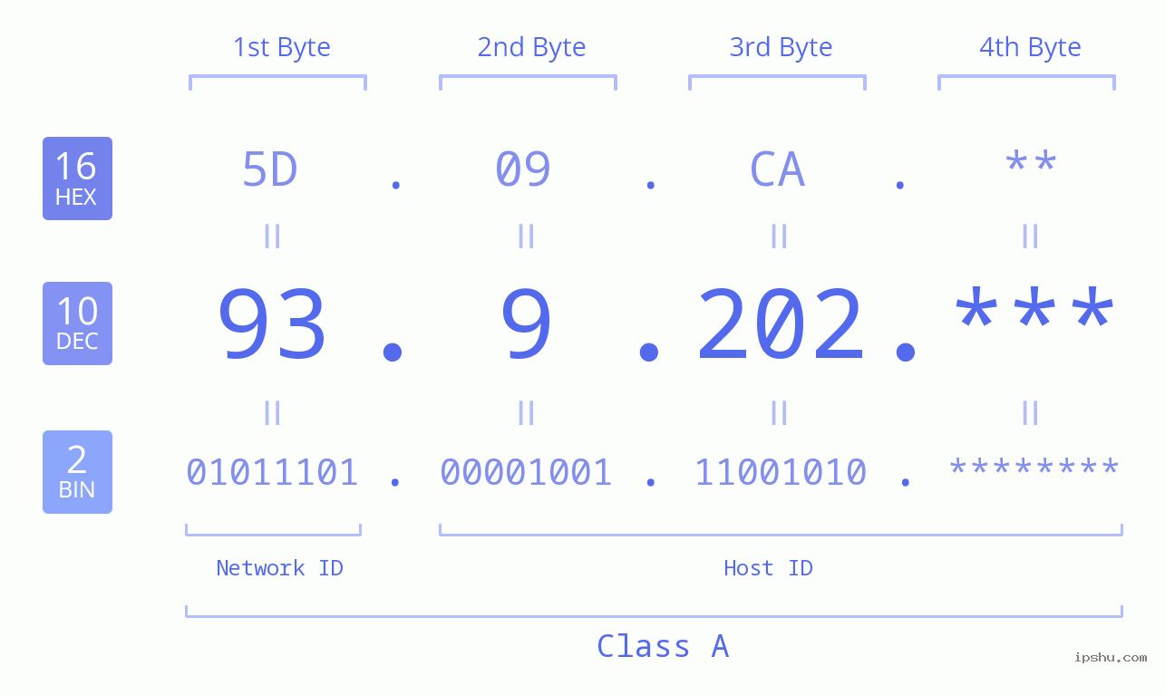 IP Address: 93.9.202 Data Structure Chart BIN DEC HEX IPv4: 93.9.202 Network Class, Net ID, Host ID