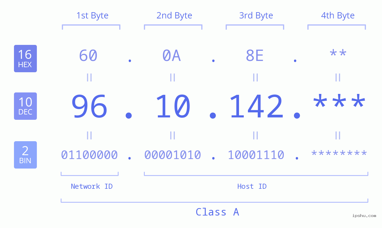 IP Address: 96.10.142 Data Structure Chart BIN DEC HEX IPv4: 96.10.142 Network Class, Net ID, Host ID