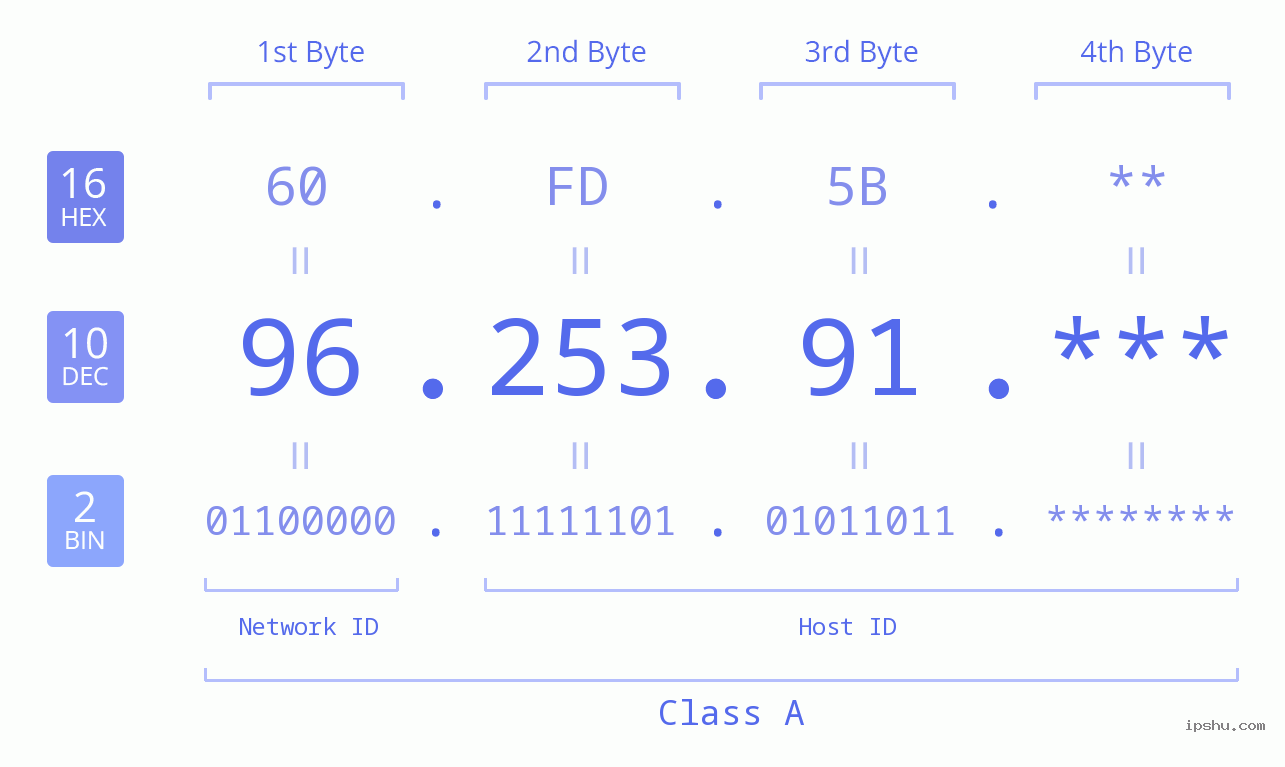 IP Address: 96.253.91 Data Structure Chart BIN DEC HEX IPv4: 96.253.91 Network Class, Net ID, Host ID