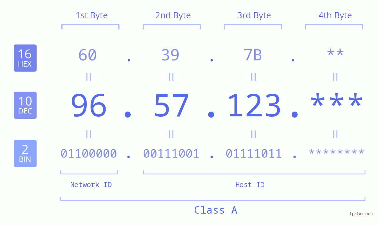 IP Address: 96.57.123 Data Structure Chart BIN DEC HEX IPv4: 96.57.123 Network Class, Net ID, Host ID