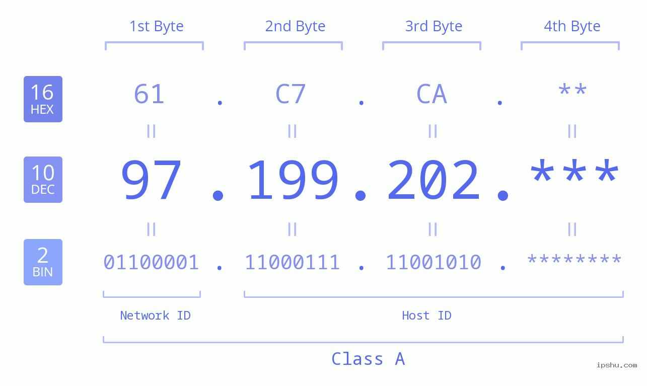IP Address: 97.199.202 Data Structure Chart BIN DEC HEX IPv4: 97.199.202 Network Class, Net ID, Host ID
