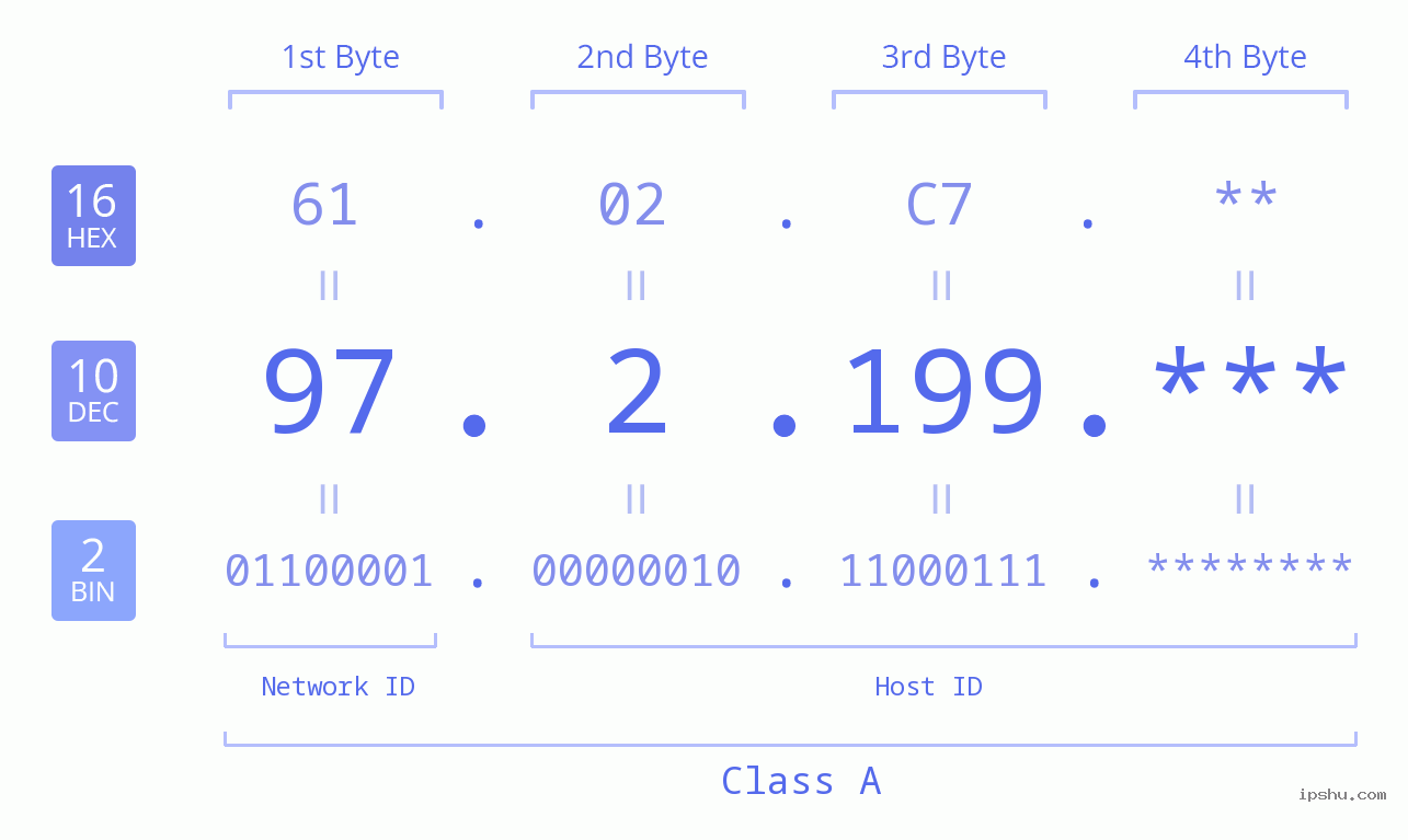 IP Address: 97.2.199 Data Structure Chart BIN DEC HEX IPv4: 97.2.199 Network Class, Net ID, Host ID