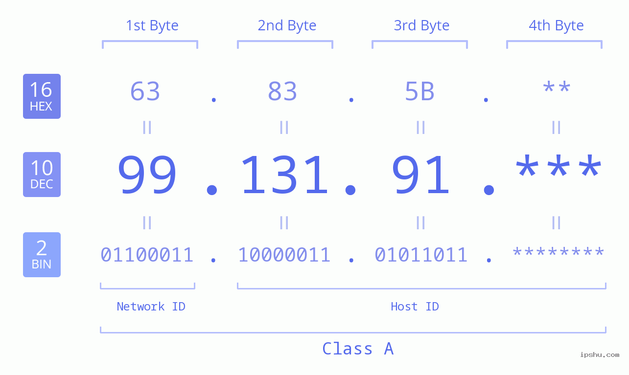 IP Address: 99.131.91 Data Structure Chart BIN DEC HEX IPv4: 99.131.91 Network Class, Net ID, Host ID