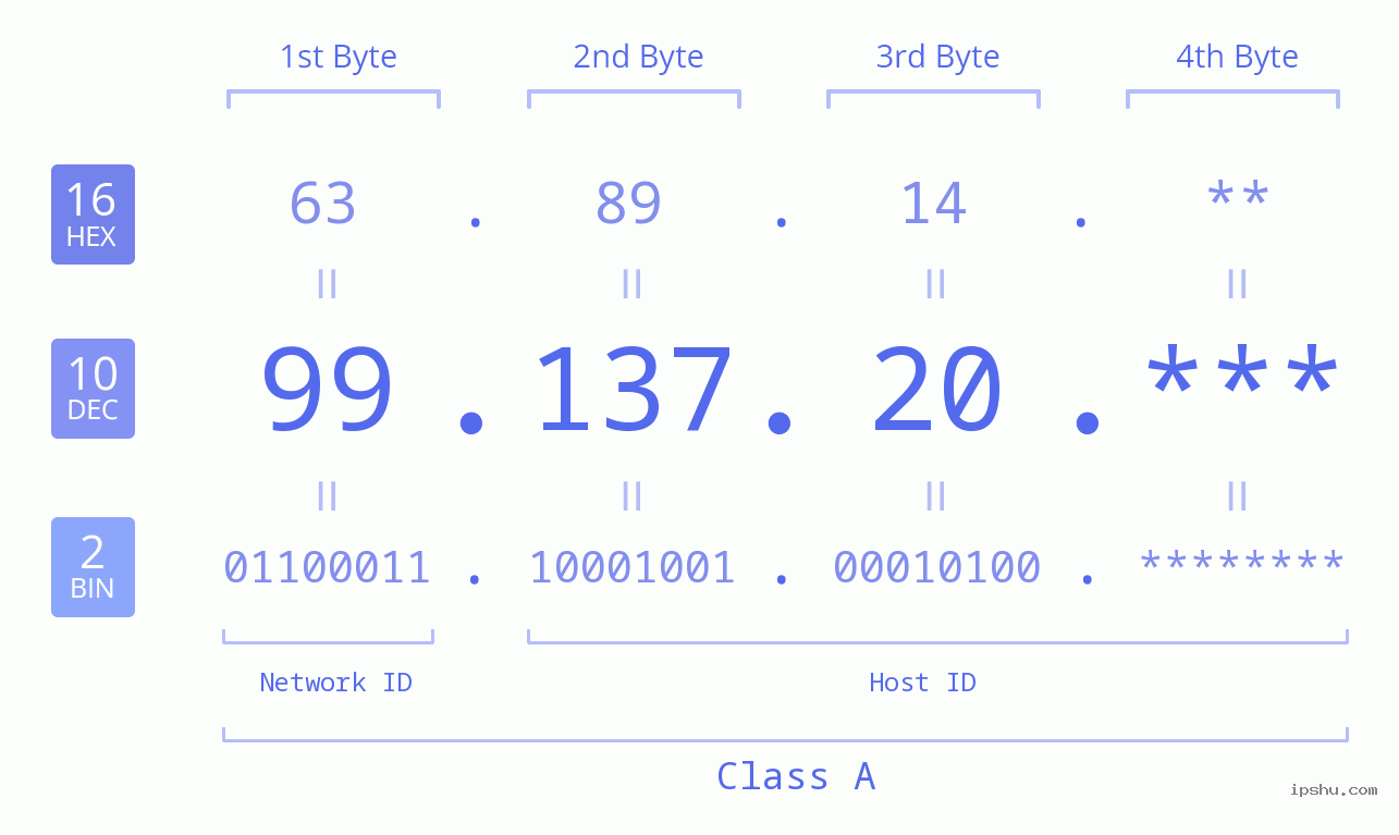 IP Address: 99.137.20 Data Structure Chart BIN DEC HEX IPv4: 99.137.20 Network Class, Net ID, Host ID
