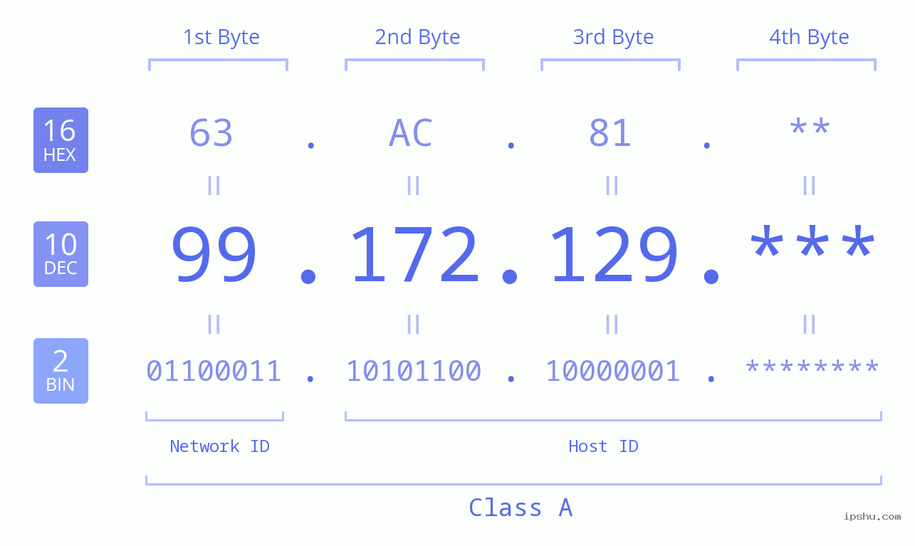 IP Address: 99.172.129 Data Structure Chart BIN DEC HEX IPv4: 99.172.129 Network Class, Net ID, Host ID