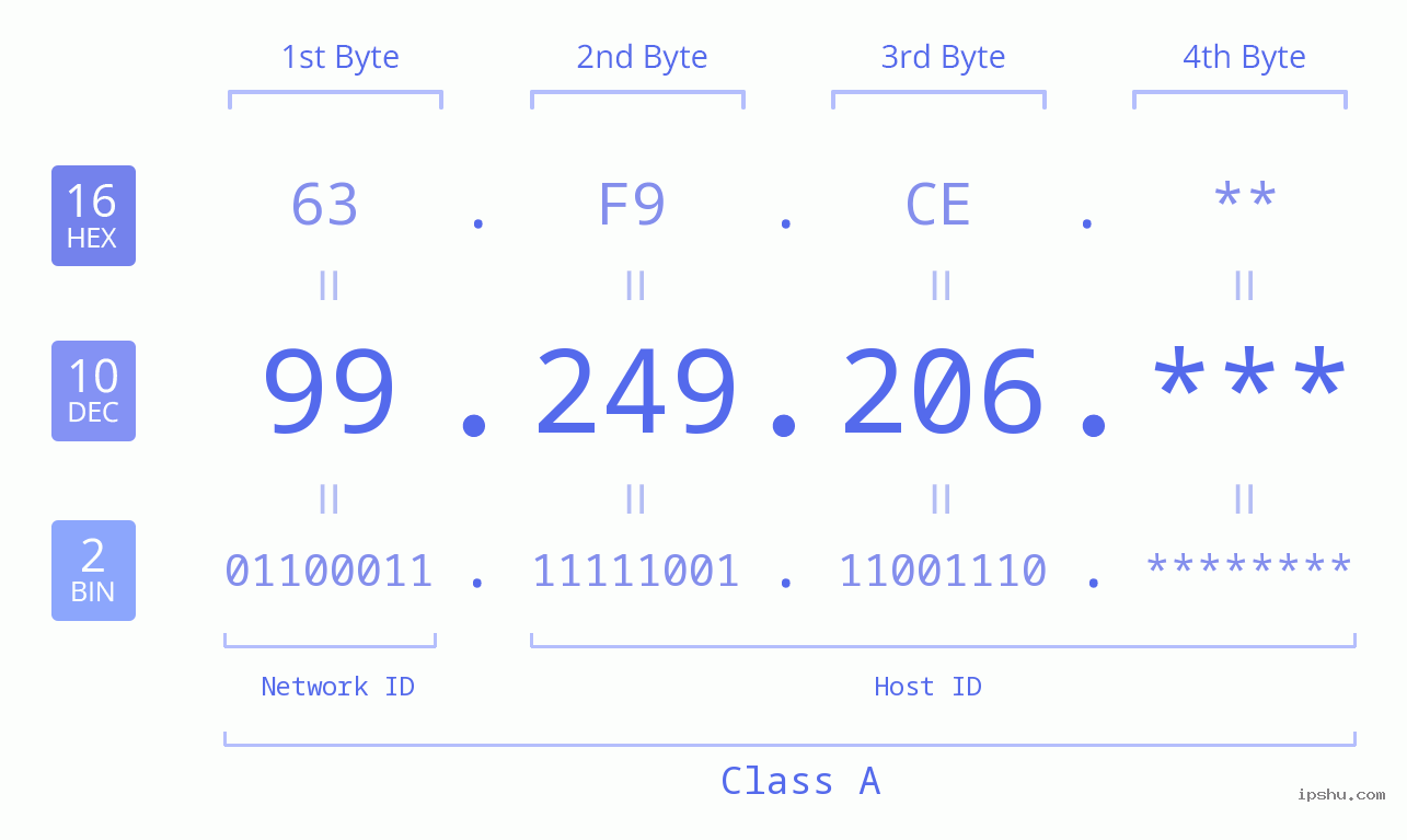 IP Address: 99.249.206 Data Structure Chart BIN DEC HEX IPv4: 99.249.206 Network Class, Net ID, Host ID