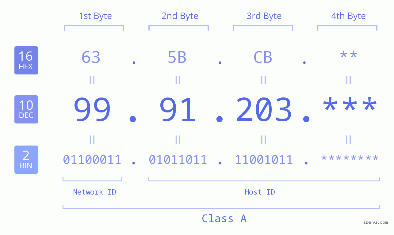 IP Address: 99.91.203 Data Structure Chart BIN DEC HEX IPv4: 99.91.203 Network Class, Net ID, Host ID