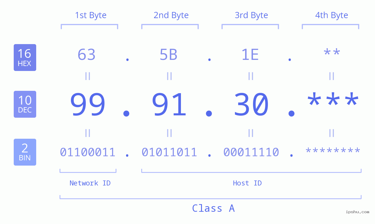 IP Address: 99.91.30 Data Structure Chart BIN DEC HEX IPv4: 99.91.30 Network Class, Net ID, Host ID