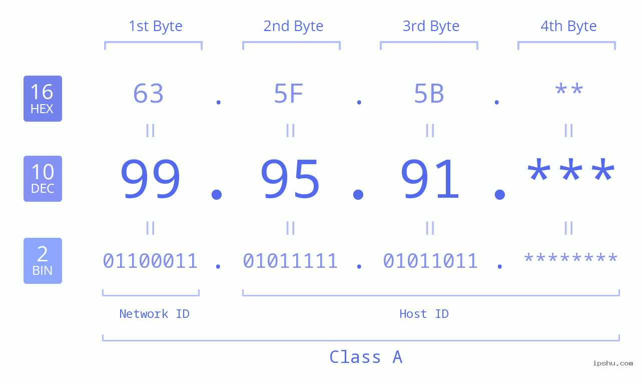 IP Address: 99.95.91 Data Structure Chart BIN DEC HEX IPv4: 99.95.91 Network Class, Net ID, Host ID