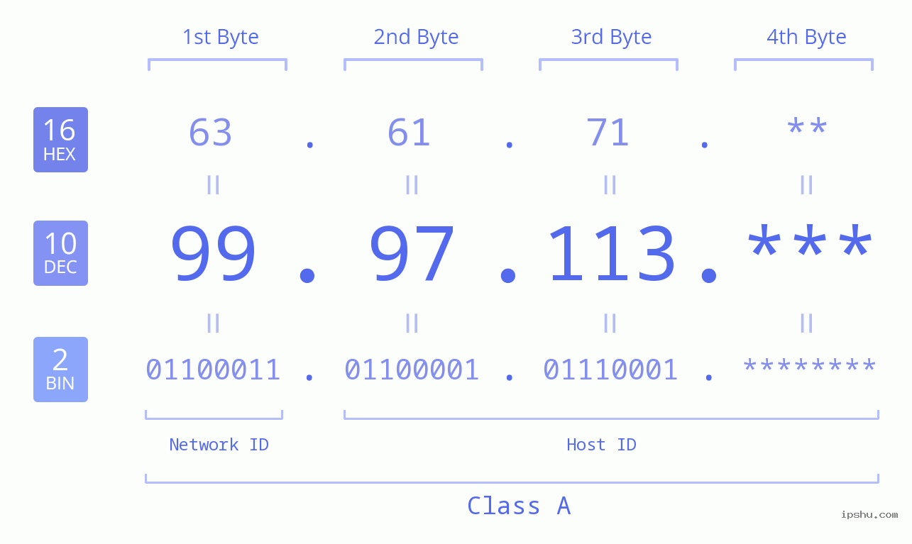 IP Address: 99.97.113 Data Structure Chart BIN DEC HEX IPv4: 99.97.113 Network Class, Net ID, Host ID